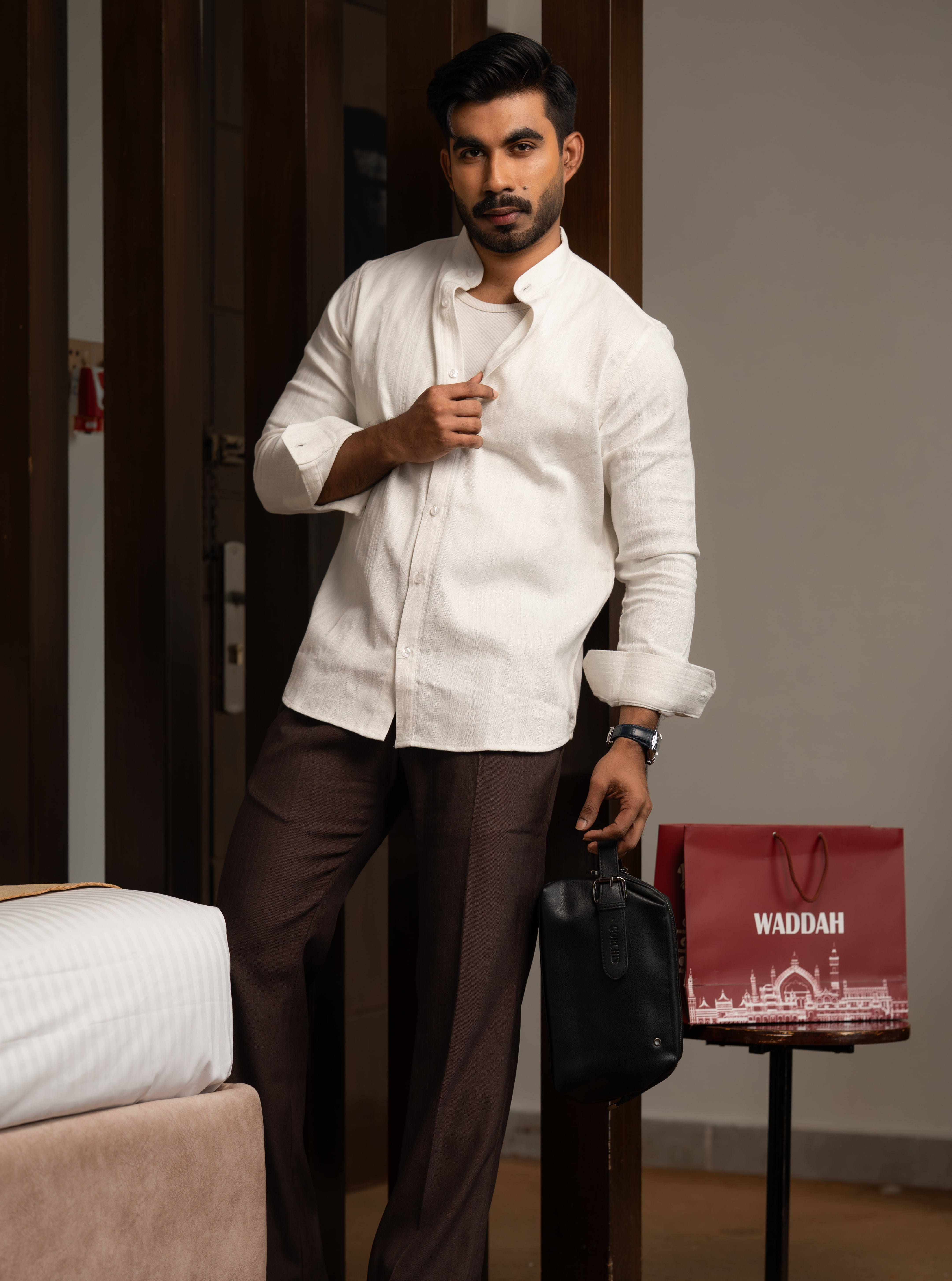 Monochrome Pinstripe Mandarin Shirt - Image 3