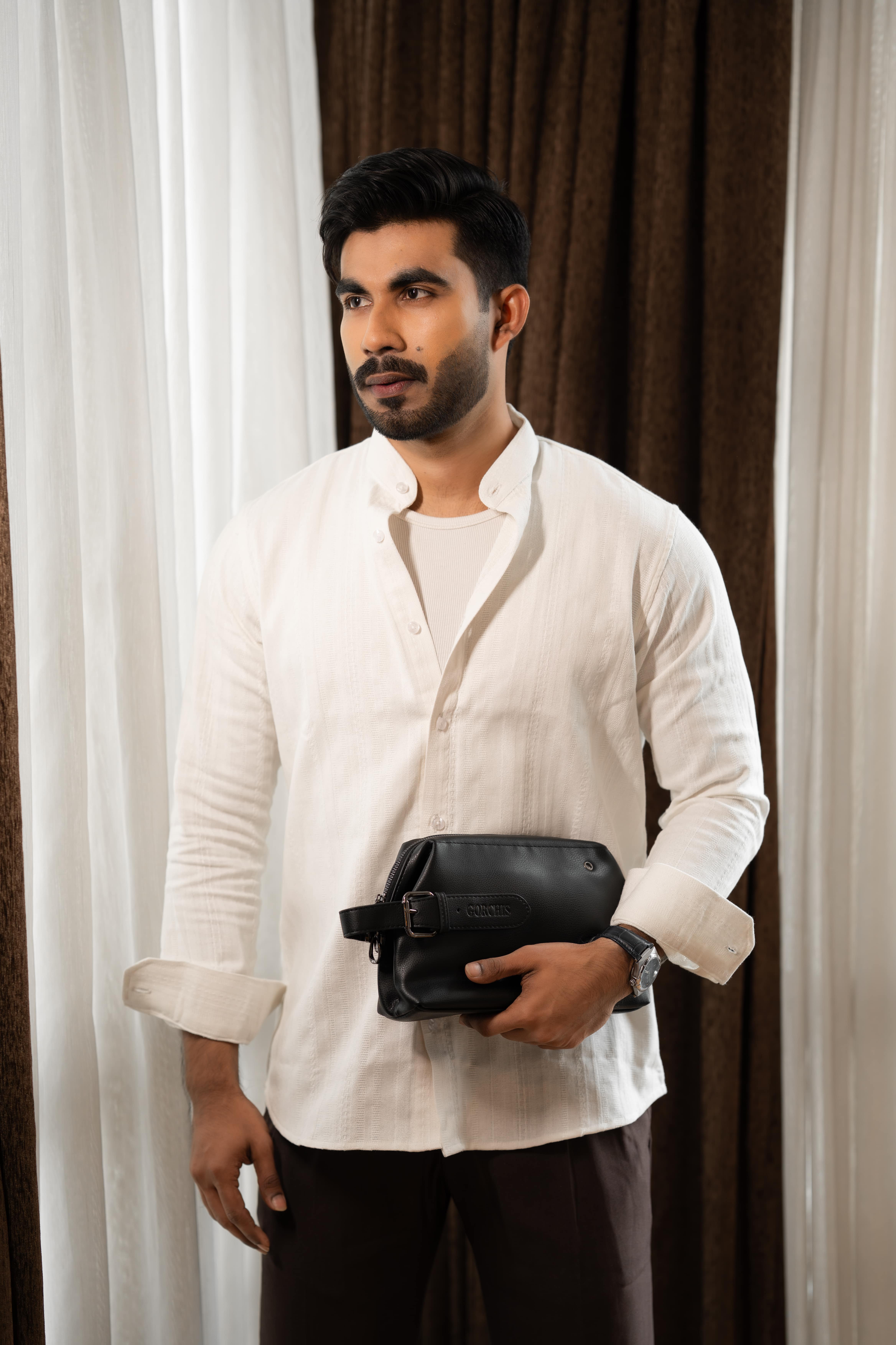 Monochrome Pinstripe Mandarin Shirt - Image 4
